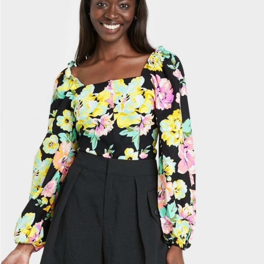 Who What Wear Floral Black Blouse